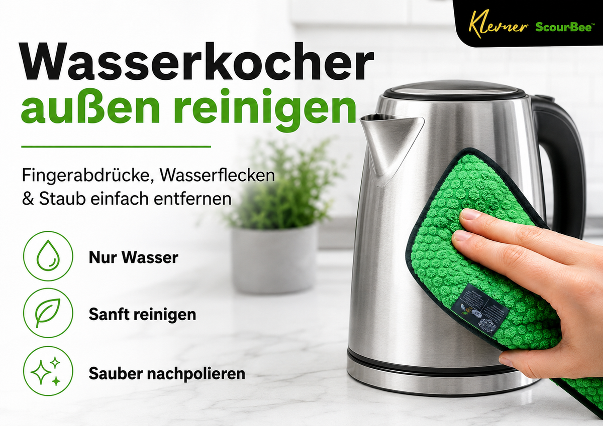 Wasserkocher außen reinigen: Fingerabdrücke, Wasserflecken und Staub entfernen