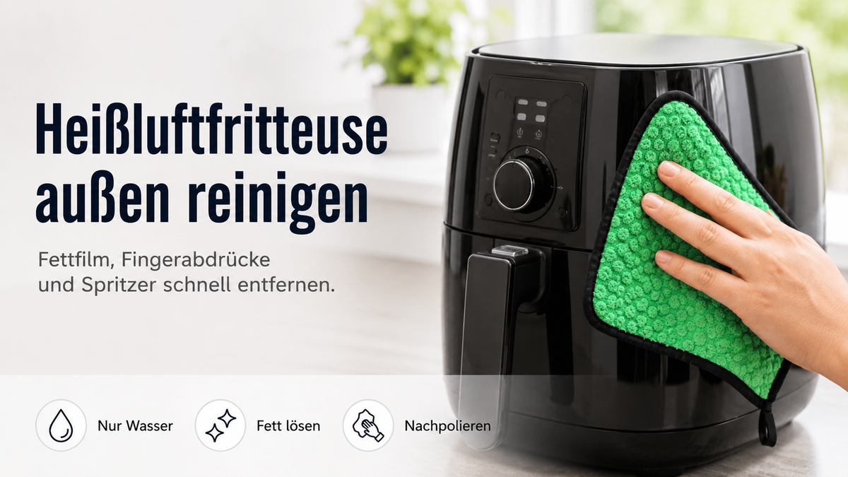 Heißluftfritteuse außen reinigen: Fettfilm, Fingerabdrücke und Spritzer entfernen