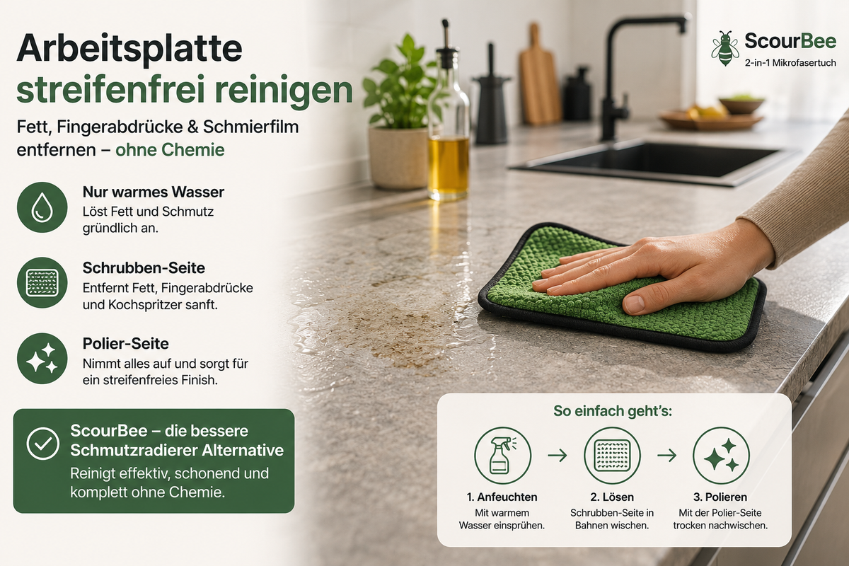 Arbeitsplatte reinigen ohne Schmieren – so wird sie wirklich sauber