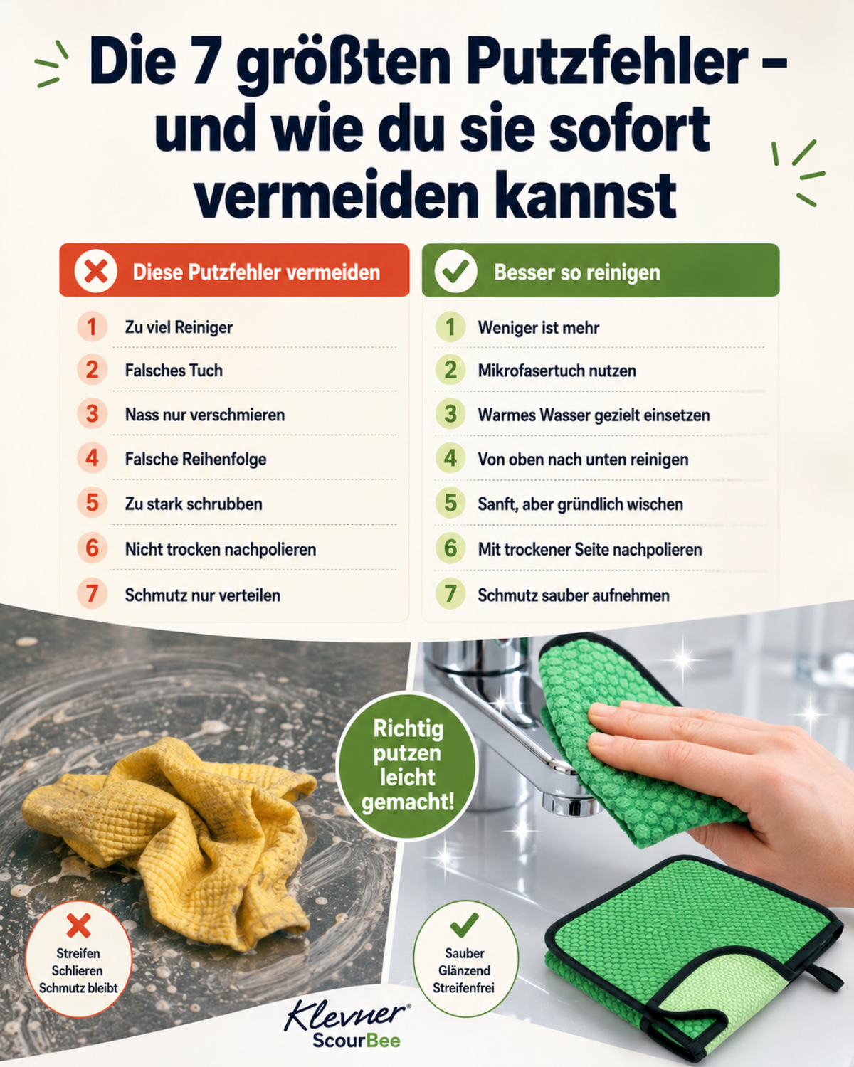 Die 7 größten Putzfehler vermeiden mit ScourBee Mikrofasertuch für streifenfreie Reinigung ohne Reiniger
