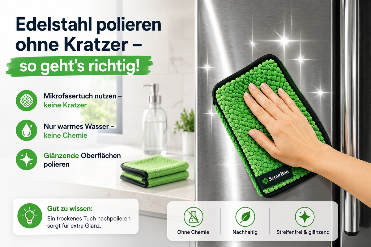 Edelstahl polieren ohne Kratzer mit ScourBee Mikrofasertuch und warmem Wasser