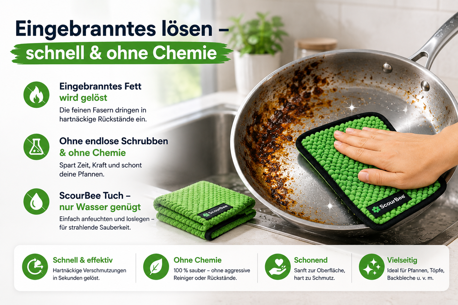 Eingebranntes Fett in der Pfanne lösen mit ScourBee Mikrofasertuch ohne Chemie