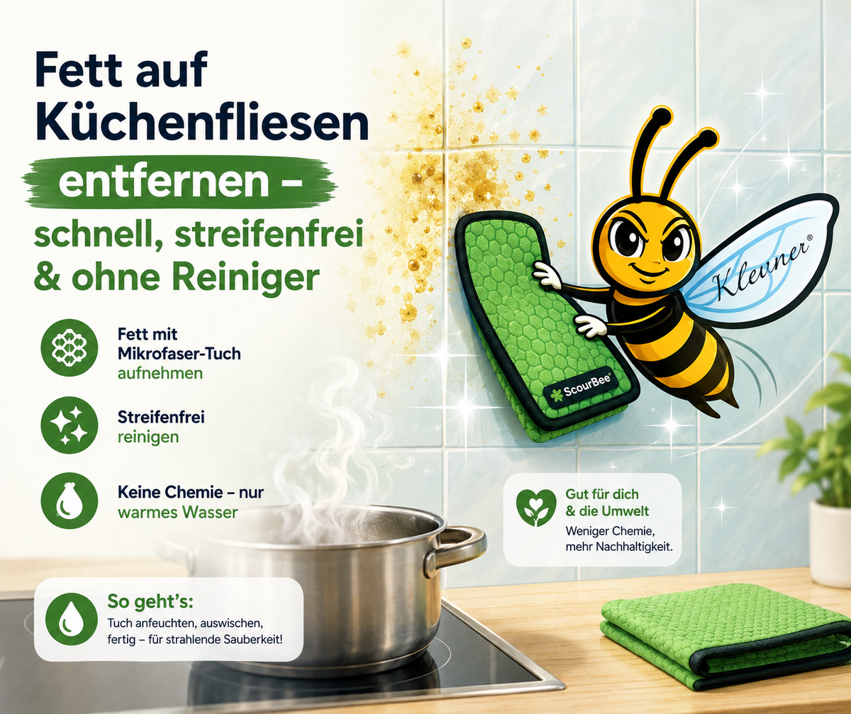 Fett auf Küchenfliesen entfernen mit ScourBee Mikrofasertuch ohne Reiniger