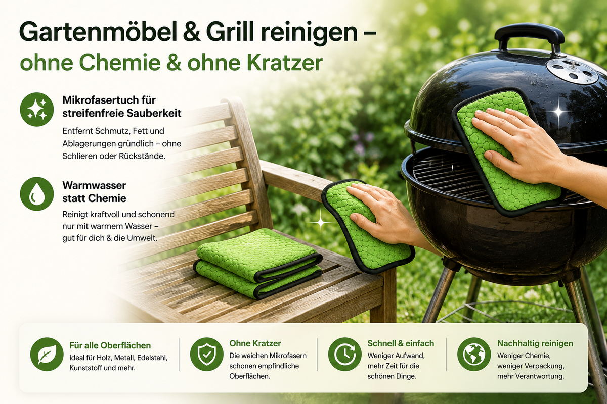 Gartenmöbel und Grill schonend reinigen mit ScourBee Mikrofasertuch und warmem Wasser ohne aggressive Reiniger