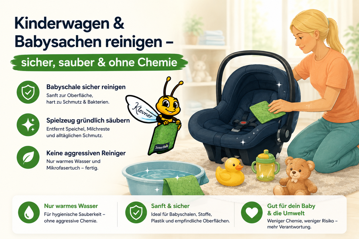 Kinderwagen und Babysachen reinigen mit ScourBee Mikrofasertuch ohne aggressive Reiniger