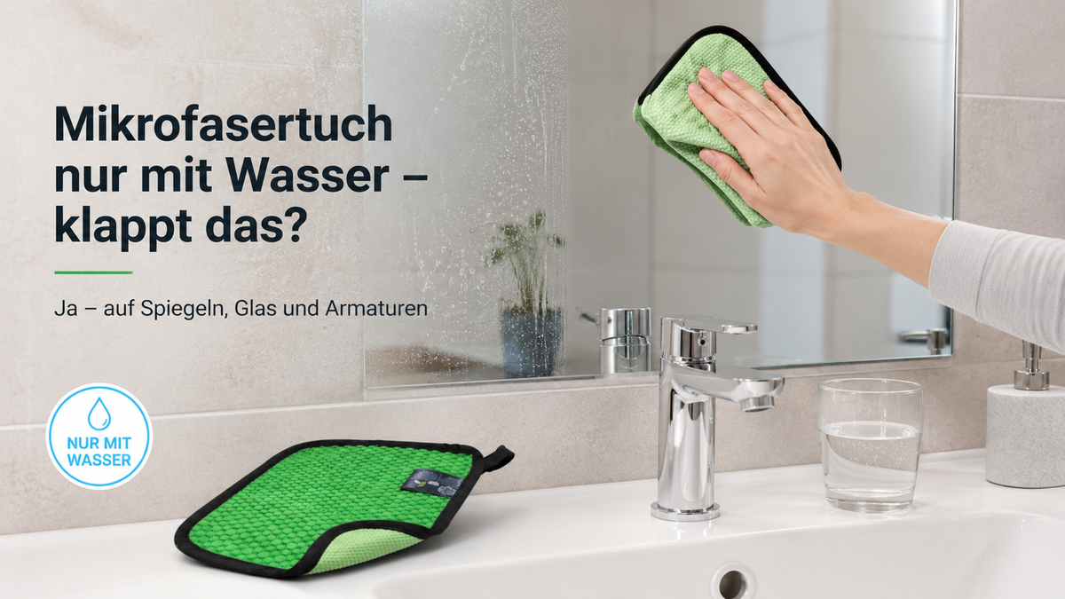 ScourBee Mikrofasertuch reinigt Spiegel und Armaturen nur mit Wasser streifenfrei im Badezimmer