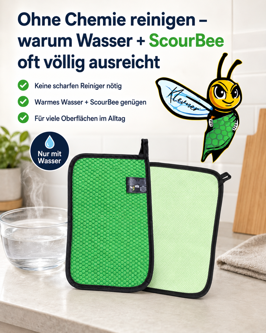 Ohne Chemie reinigen mit ScourBee Mikrofasertuch und warmem Wasser im Haushalt