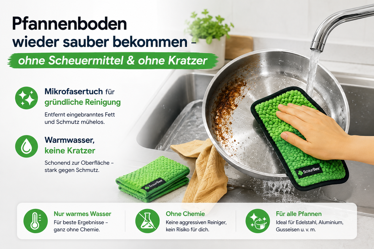 Pfannenboden reinigen ohne Scheuermittel mit ScourBee Mikrofasertuch und warmem Wasser