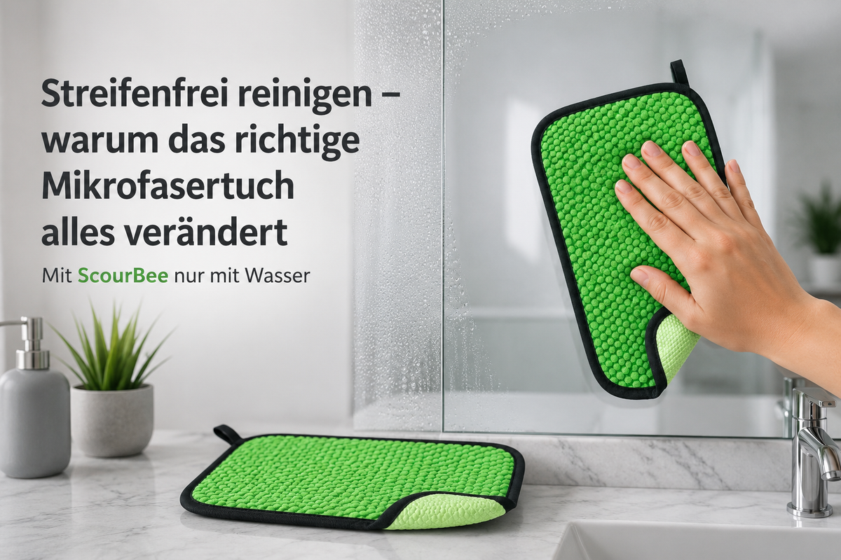 Spiegel und Glasflächen streifenfrei reinigen mit ScourBee Mikrofasertuch nur mit Wasser ohne Reiniger