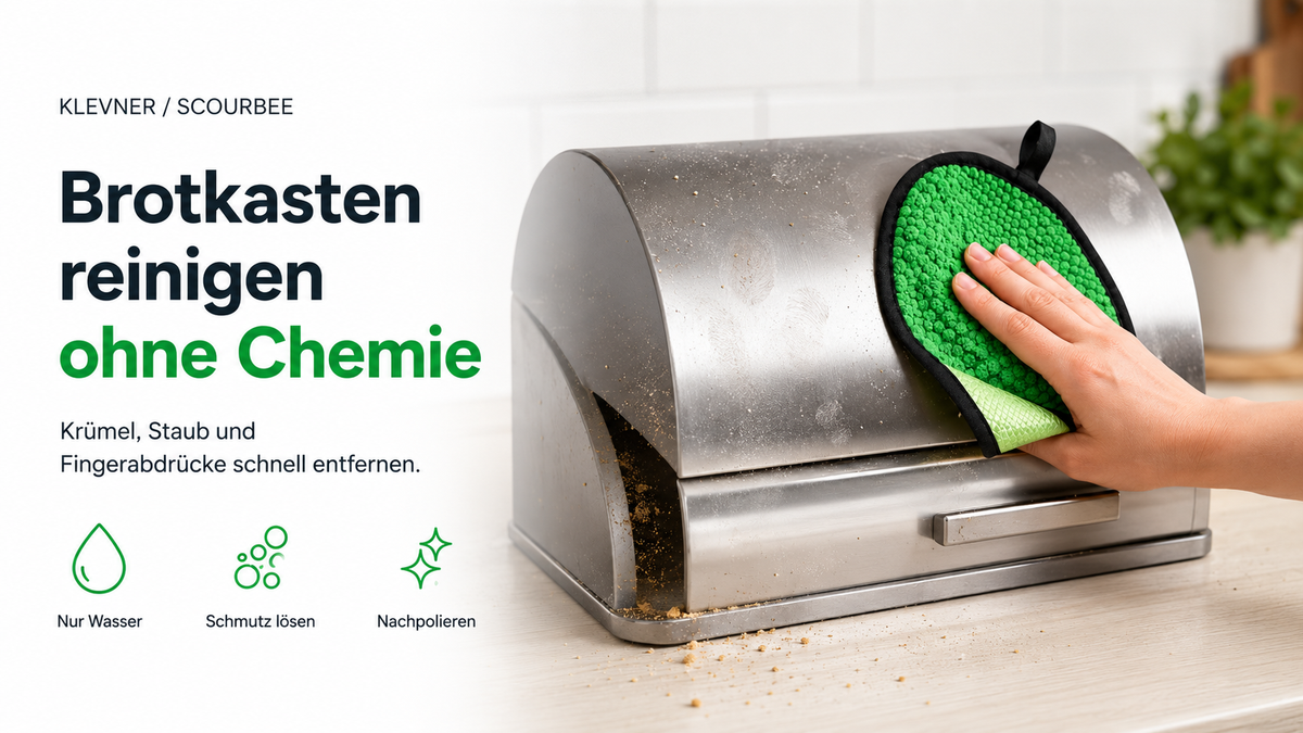 Brotkasten reinigen ohne Chemie mit ScourBee – Krümel, Staub und Fingerabdrücke an Innenfläche, Deckel und Griffkante entfernen