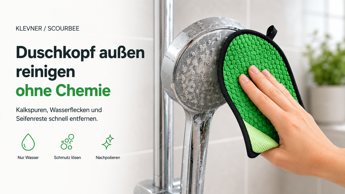 Duschkopf außen reinigen ohne Chemie mit ScourBee – Kalkspuren, Wasserflecken und Seifenreste an Duschkopf und Griff entfernen