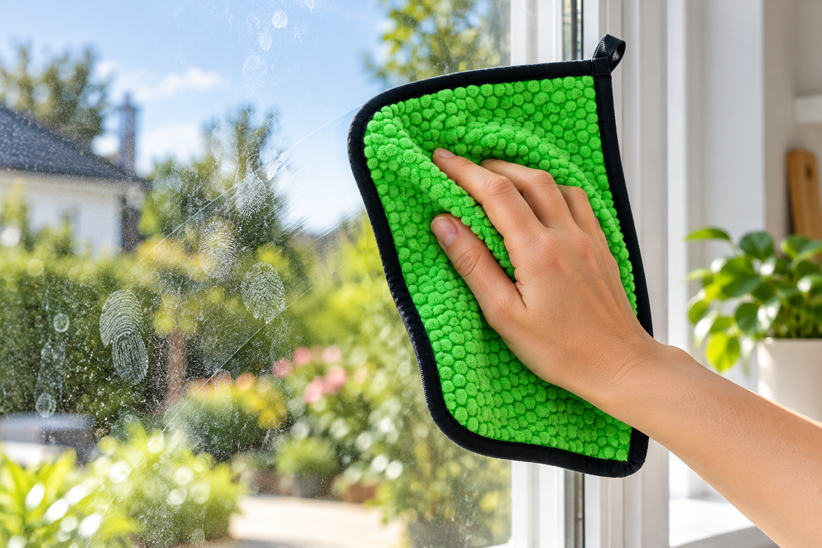 ScourBee reinigt ein Fenster mit Fingerabdrücken und Wasser