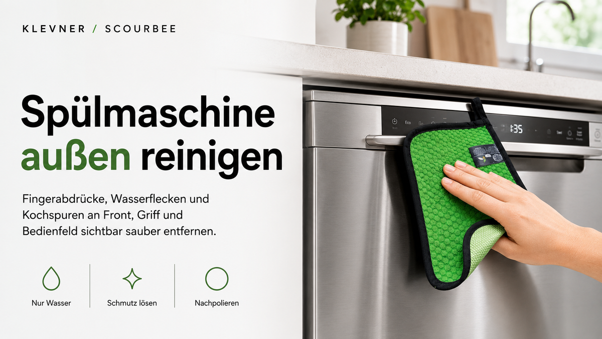 Spülmaschinenfront außen reinigen mit ScourBee: Hand mit grünem 2-in-1 Mikrofasertuch an Edelstahlfront, Griff und Bedienfeld