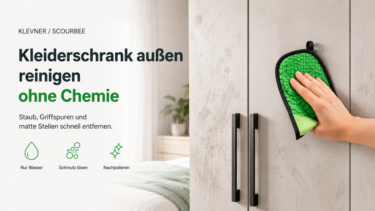 Kleiderschrank außen reinigen ohne Chemie mit ScourBee – Staub, Griffspuren und matte Stellen an Fronten und Griffen entfernen