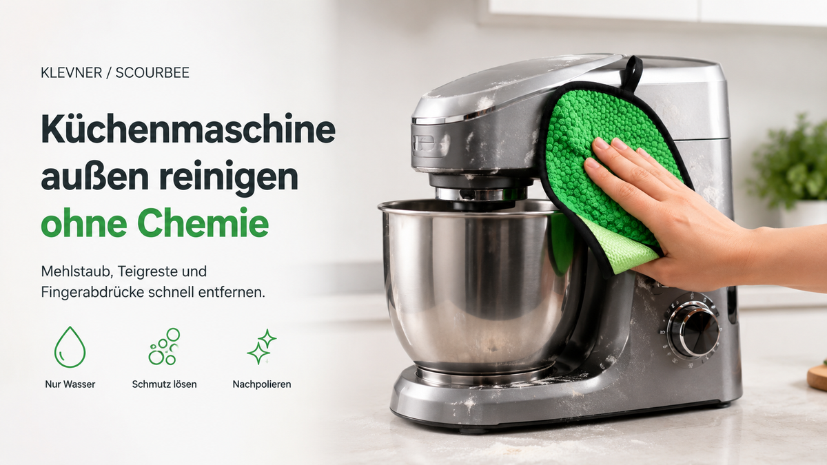 Küchenmaschine außen reinigen ohne Chemie mit ScourBee – Mehlstaub, Teigreste und Fingerabdrücke an Gehäuse und Bedienfeld entfernen