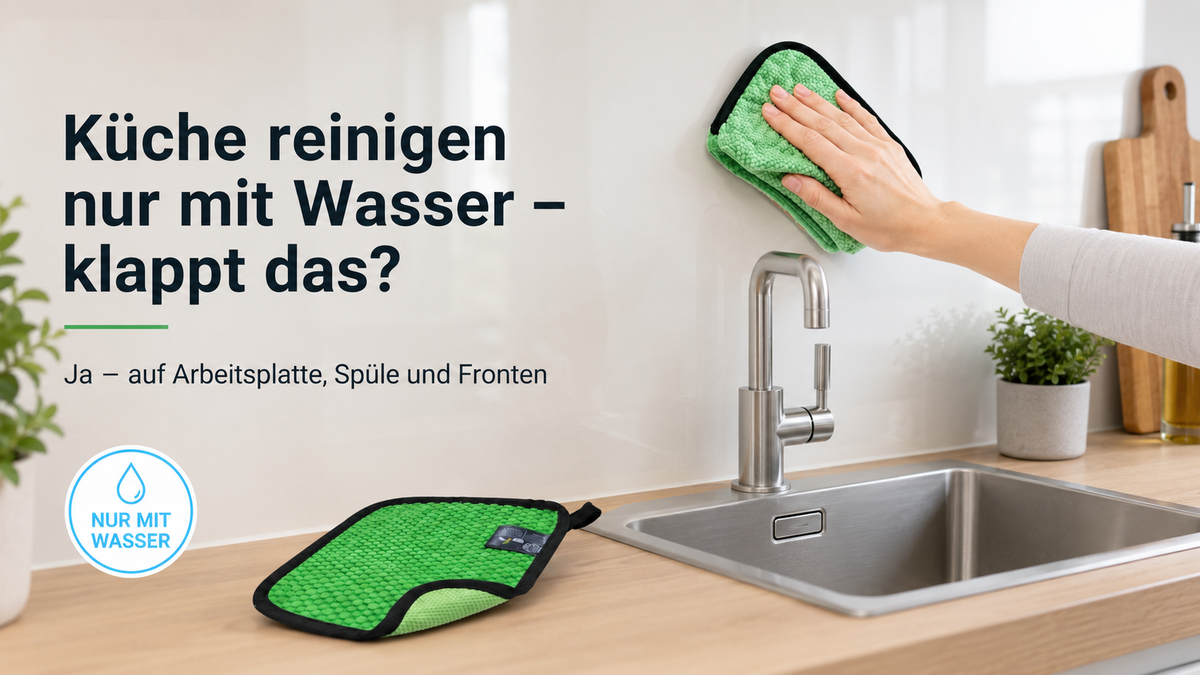 Küche reinigen nur mit Wasser mit ScourBee – grünes 2-in-1 Mikrofasertuch löst Fettfilm Fingerabdrücke und Spritzer auf Arbeitsplatte Spüle Fronten und Kochfeld
