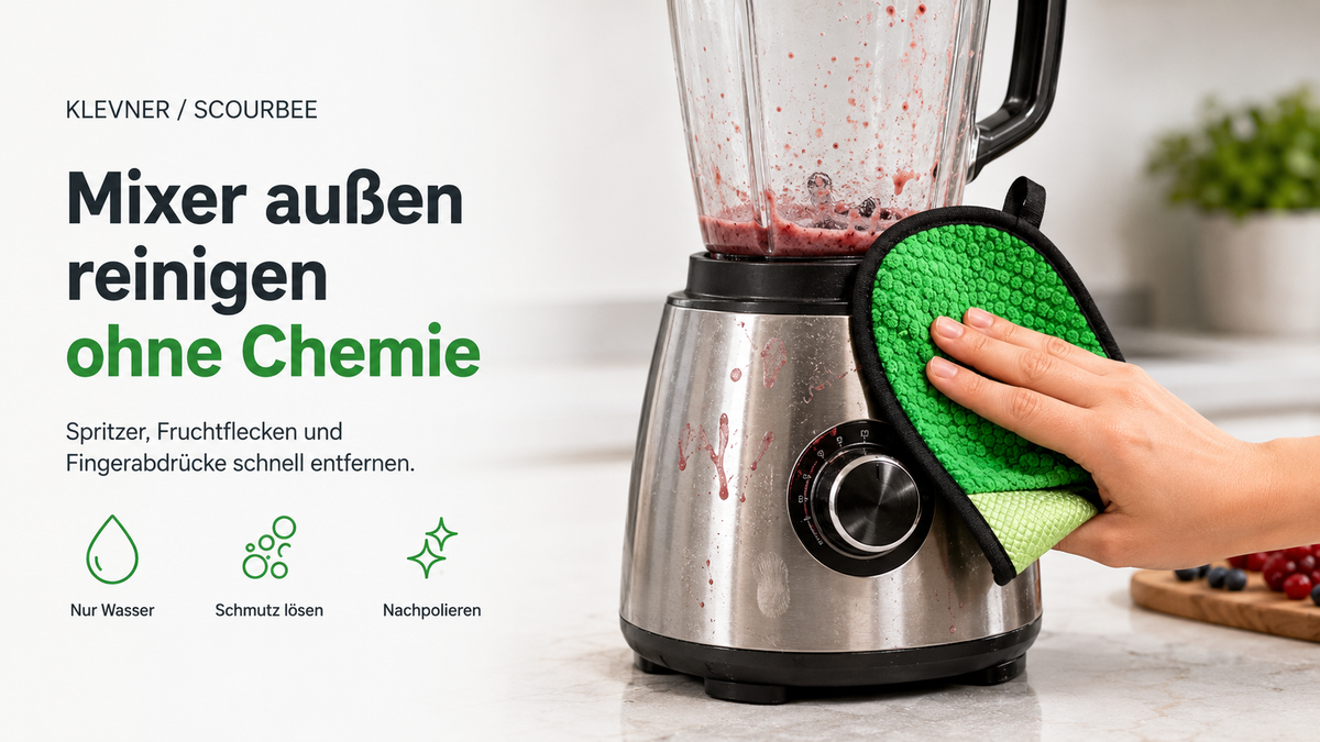 Mixer außen reinigen ohne Chemie mit ScourBee – Spritzer, Fruchtflecken und Fingerabdrücke an Sockel und Bedienfeld entfernen