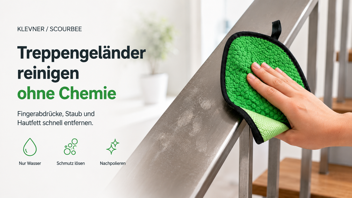 Treppengeländer reinigen ohne Chemie mit ScourBee – Fingerabdrücke, Staub und Hautfett an Handlauf und Streben entfernen