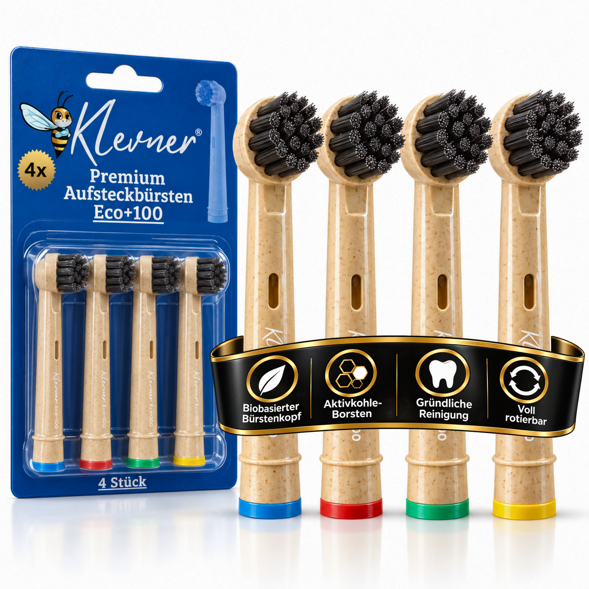 Klevner Eco+100 Aktivkohle-Aufsteckbürsten – 4er-Set