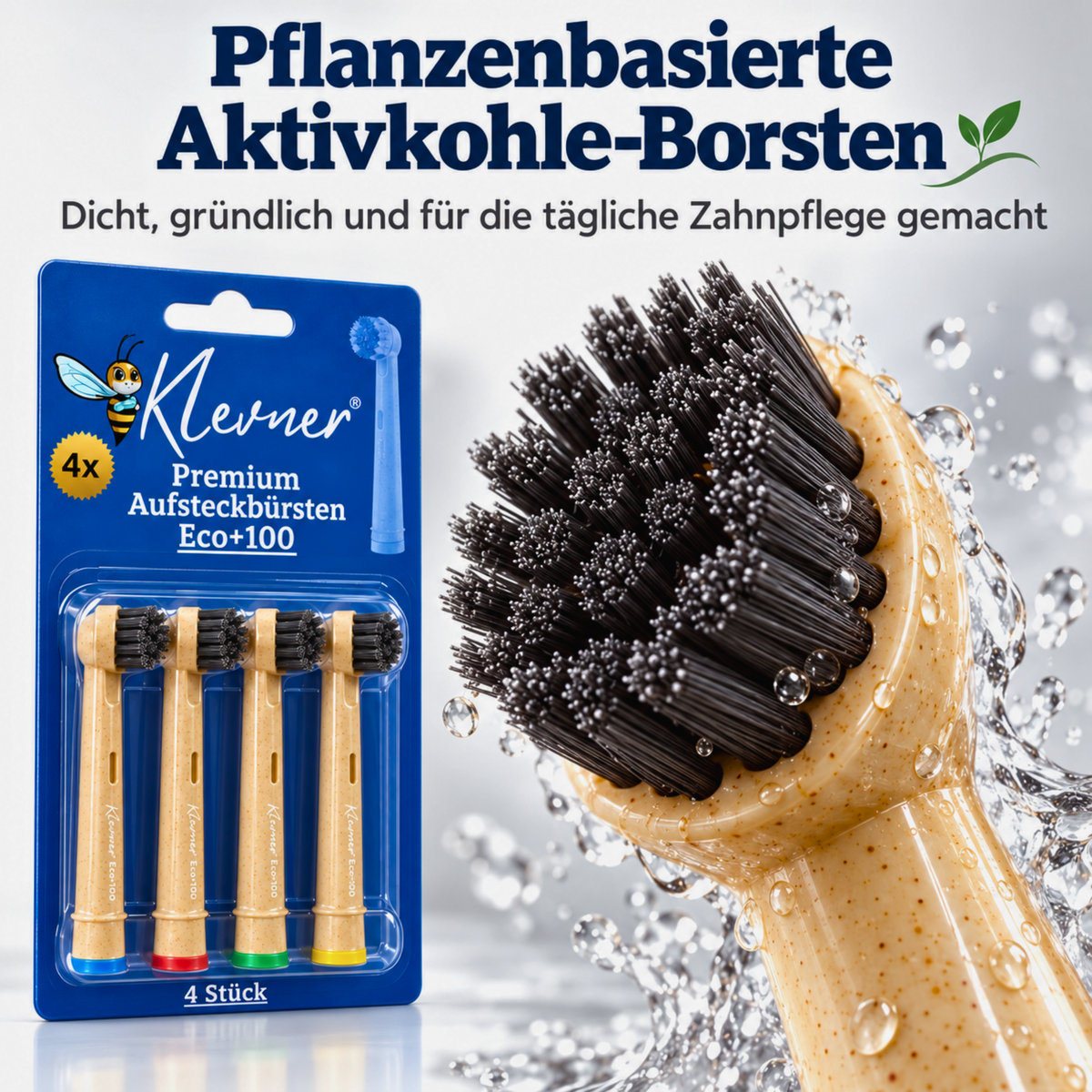 Klevner Eco+100 Aktivkohle-Aufsteckbürsten – 4er-Set