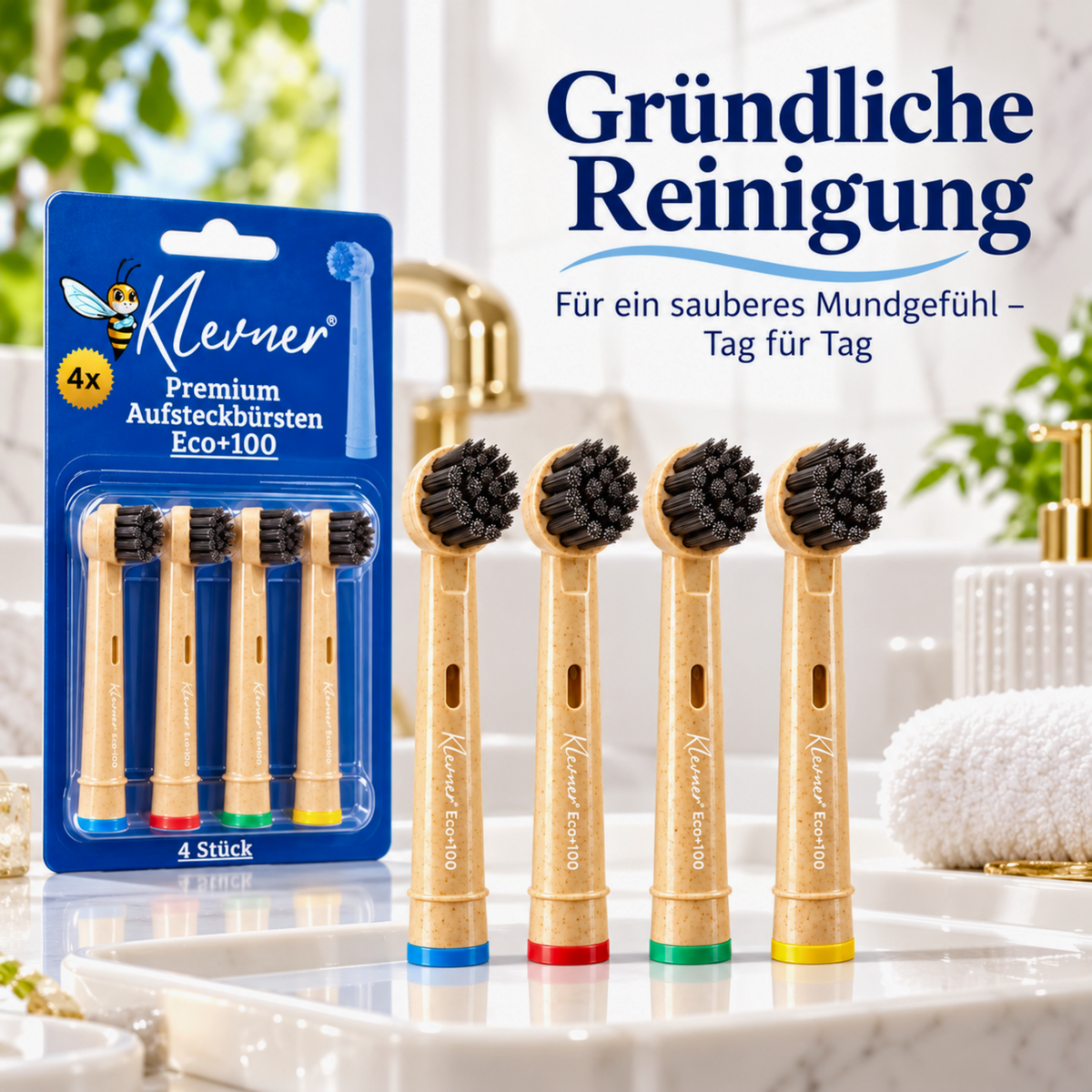 Klevner Eco+100 Aktivkohle-Aufsteckbürsten – 4er-Set