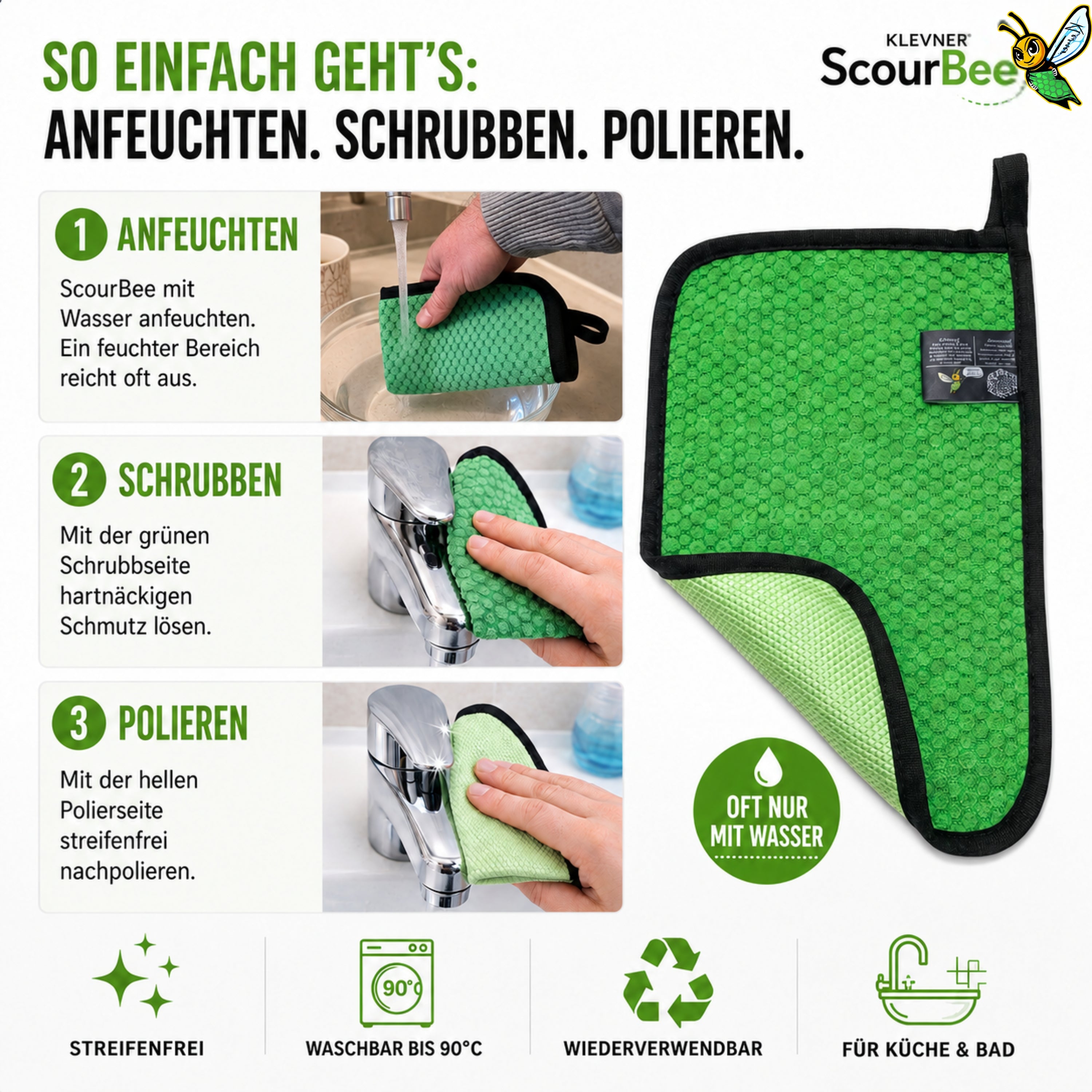 ScourBee für Küche, Bad, Edelstahl, Glas und viele weitere Oberflächen im Haushalt