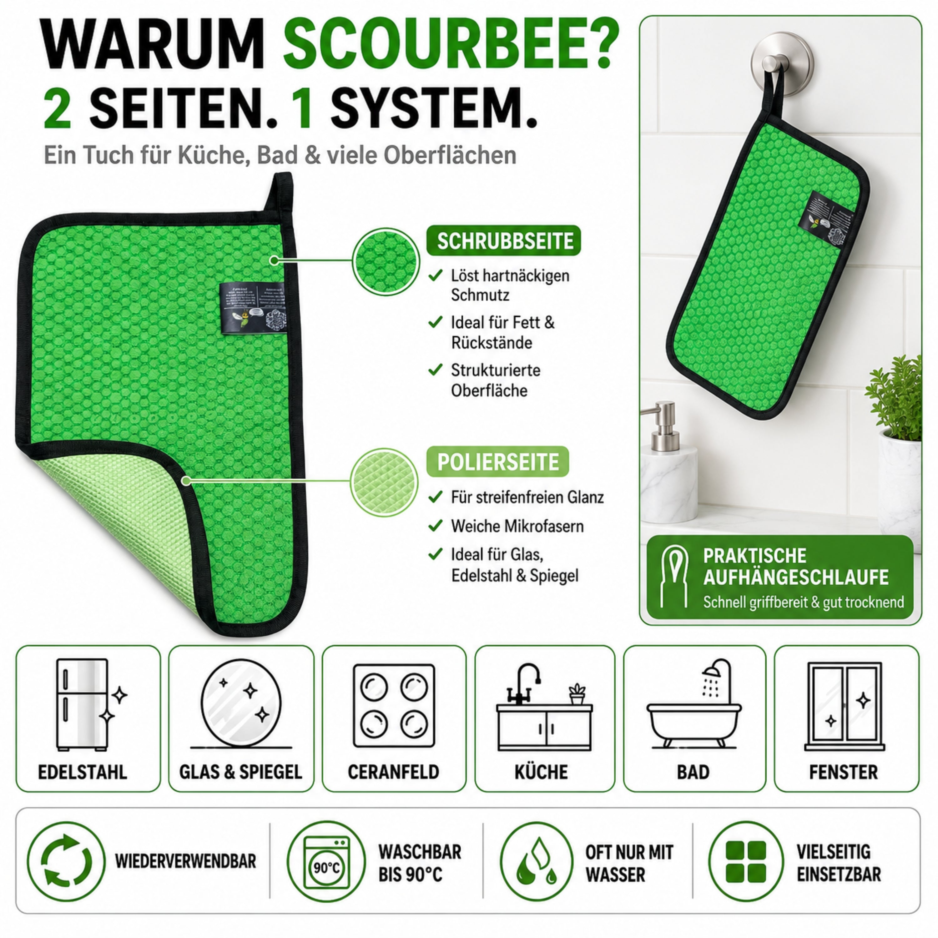 ScourBee entfernt Schmutz von Armaturen, Fliesen und Glas mit nur einem Reinigungstuch