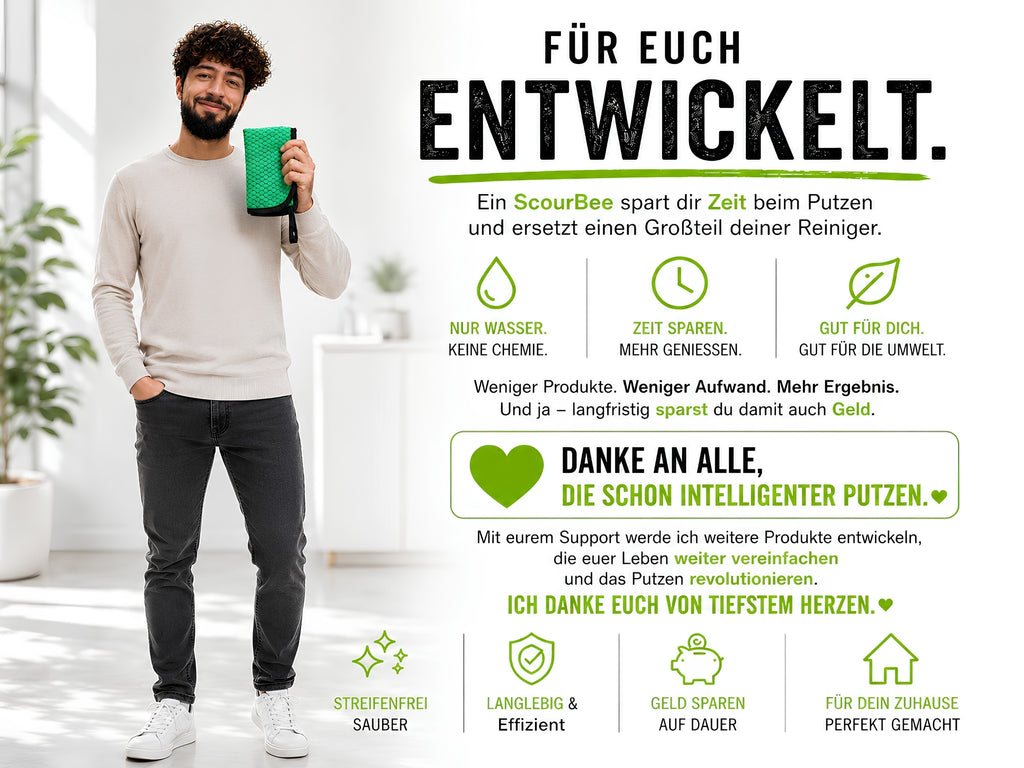 ScourBee spart Zeit beim Putzen durch 2-in-1 Funktion aus Schrubben und Polieren
