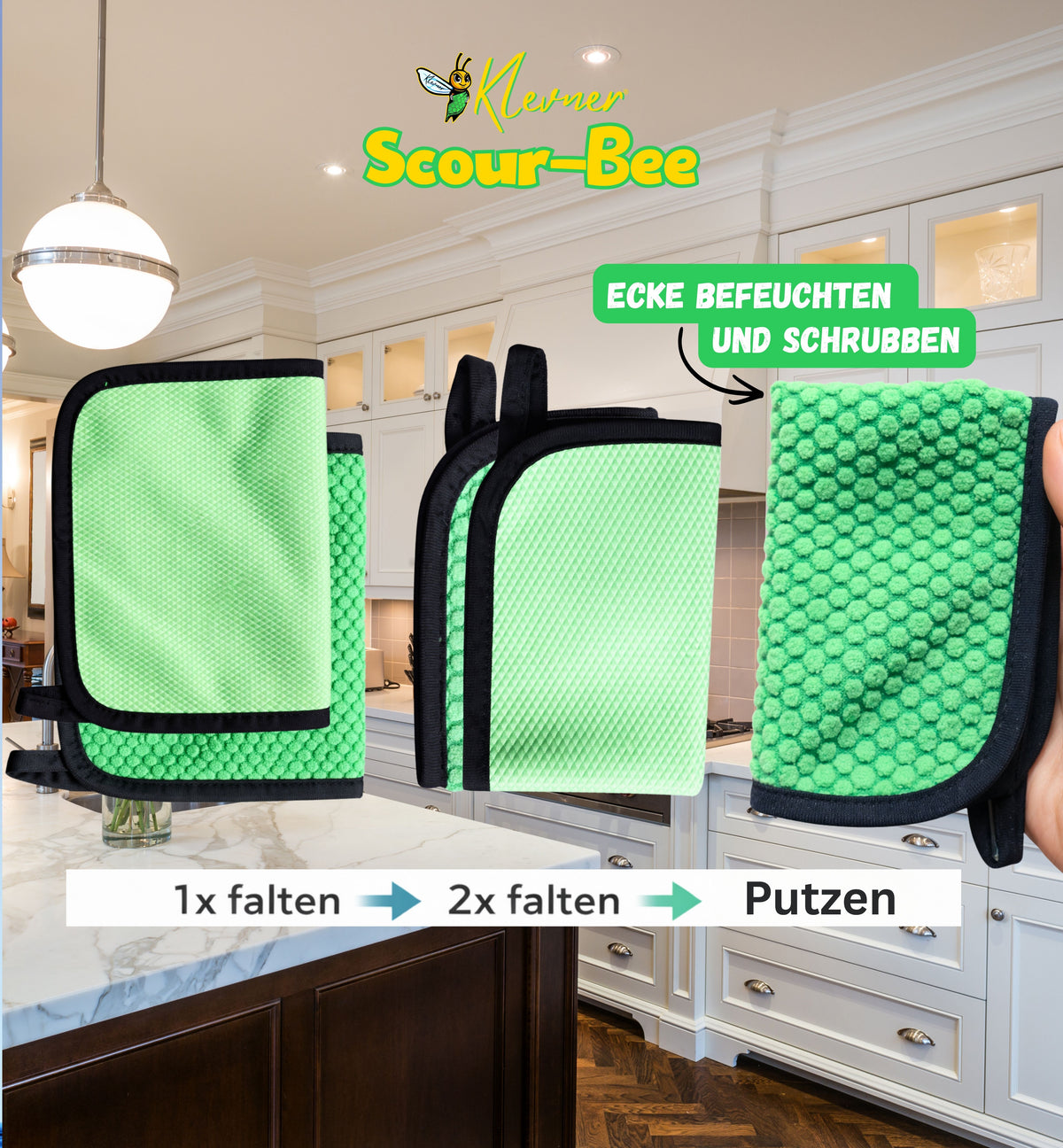 ScourBee 2-in-1 Alltagshelfer – Premium Mikrofasertuch mit Schrubb- & Polierseite – reinigt mit Wasser – Entwickelt in DE